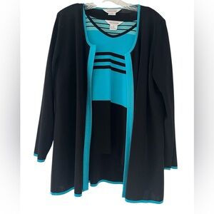 Misook 2 Piece Set Black Teal Blue Cardigan & Sweater Stripe Top Twin Set Large